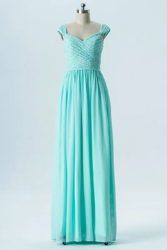 Fit And Flare Dress Mint Green Cap Sleeves Long Bridesmaid Dress
