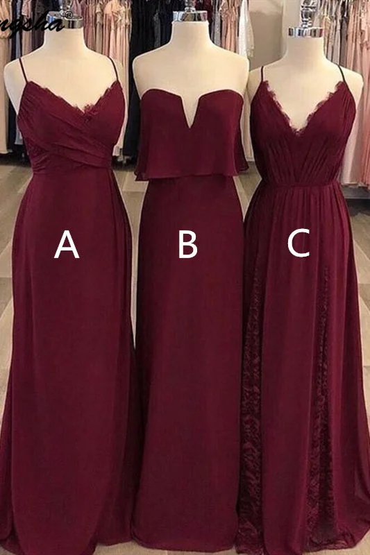 Sequin Maxi Dress Mismatched A-line V-Neck Chiffon Long Burgundy Bridesmaid Dress