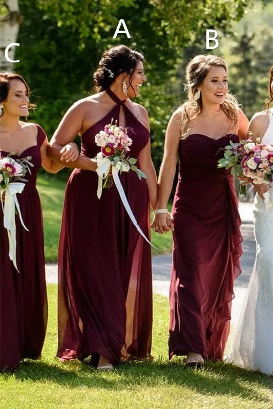 Princess Ball Gown Mismatched Long Burgundy Chiffon Bridesmaid Dress