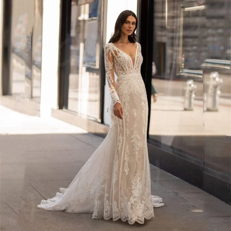 Floor-Sweeping Gown Modern Lace Mermaid Wedding Dress WD4006