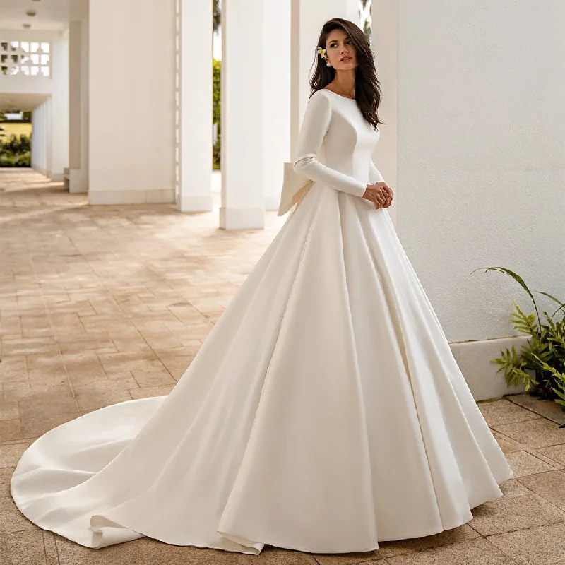Empire Waist Dress Modern Satin Ivory White Long Sleeves Wedding Dress