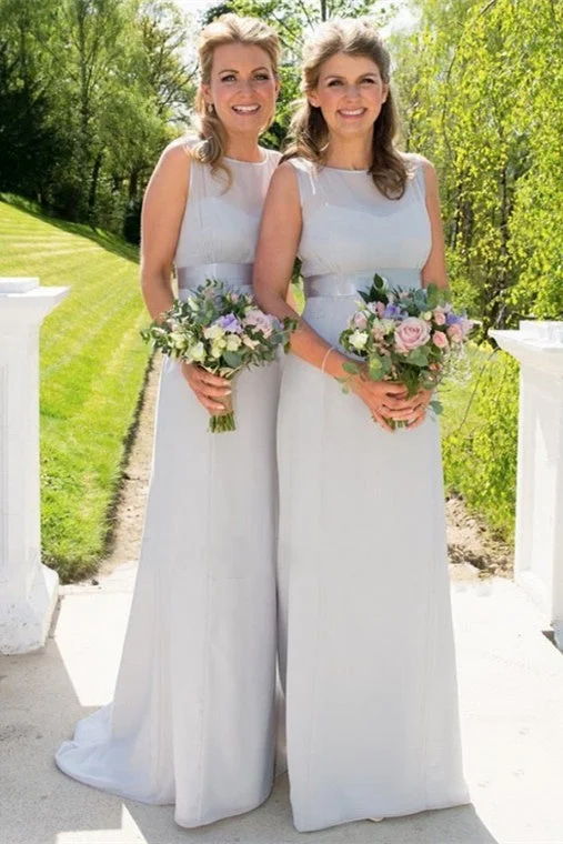 Couture Gown Modest Jewel Silver Long Bridesmaid Dress with Belt