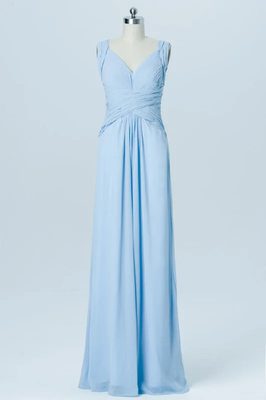 V-Neck Dress Modest Pleated Straps Backless Light Blue Bridesmaid Dress