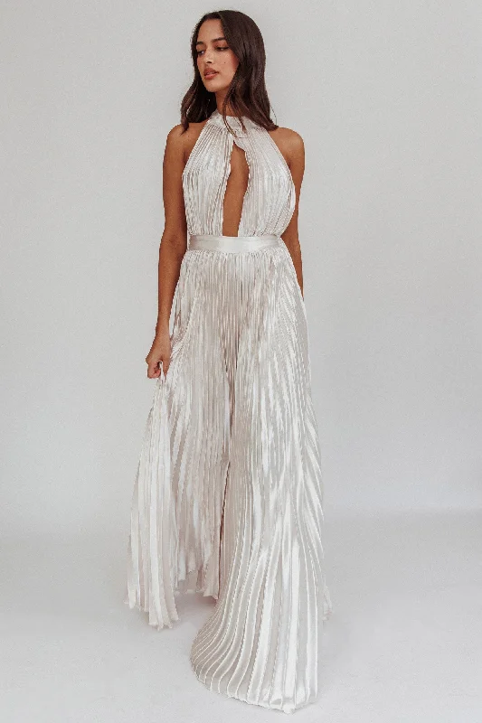 Elegant Beaded Dress Monarch Pleated Satin Maxi Dress Champagne