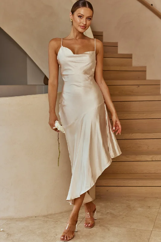 Royal Blue Dress Morning Sun Cowl Neckline Asymmetrical Hem Midi Dress Champagne