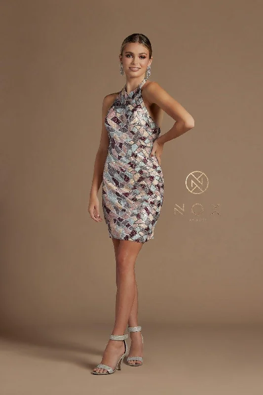 Asymmetrical Gown Short Halter Multi Sequins Formal Cocktail Dress