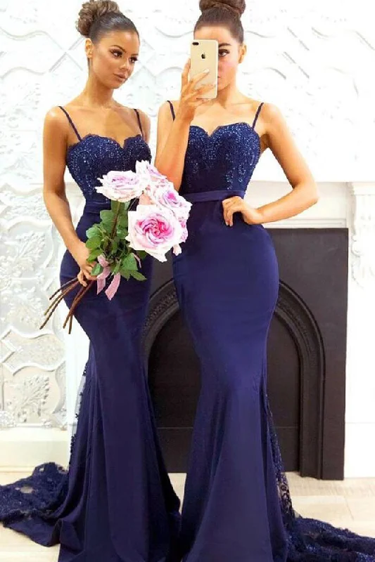 Dainty Chiffon Dress Spaghetti Strap Navy Blue Mermaid Bridesmaid Dress with Lace