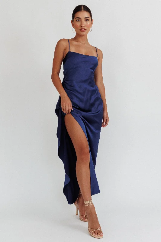 Luxury Dress Night Swim Satin Leg Slit Maxi Dress Navy