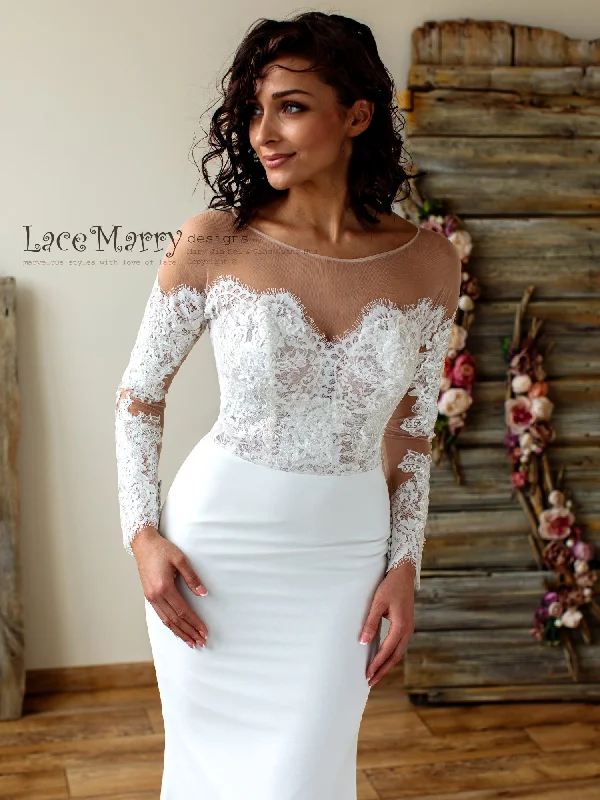 Deep V-Neck Dress Off-Shoulder Lace Wedding Dress with Long Sleeves
