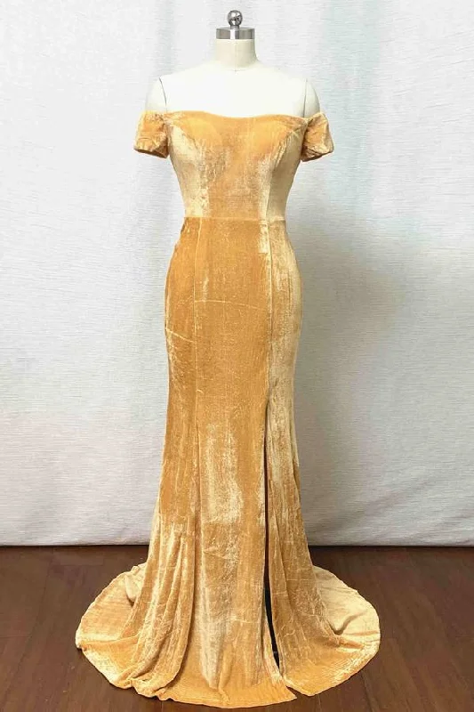 Luxury Dress Off-the-Shoulder Gold Mermaid Velvet Bridesmaid Dress