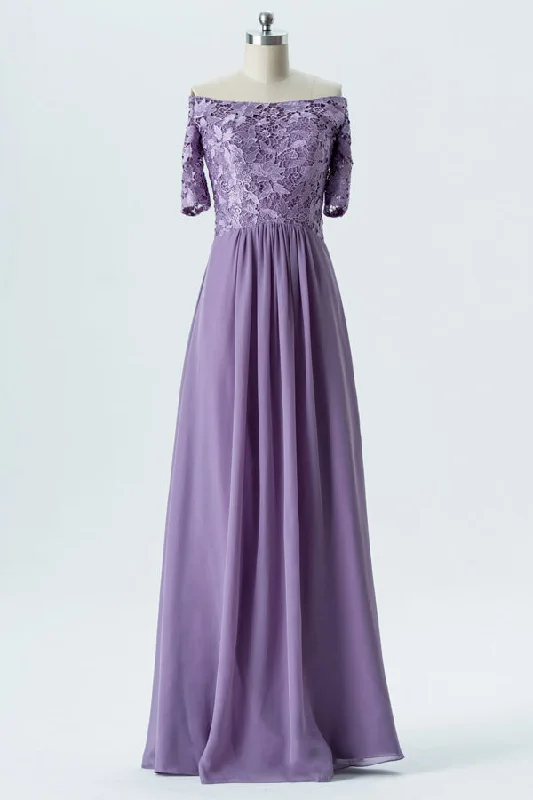 Glitter Dress Off the Shoulder Lavender Lace Bridesaid Dress