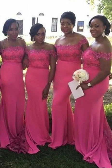Fringe Gown Off the Shoulder Mermaid Hot Pink Bridesmaid Dress with Lace