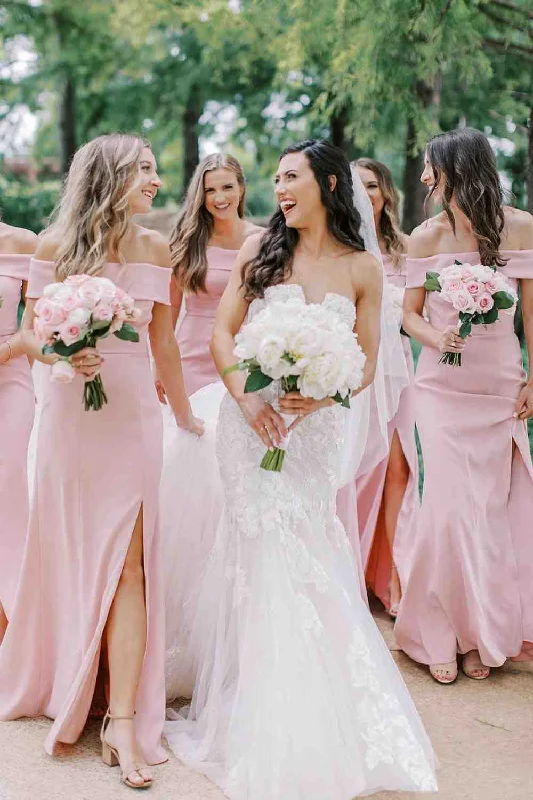Ball Gown Off the Shoulder Pink Long Bridesmaid Dress with Slit