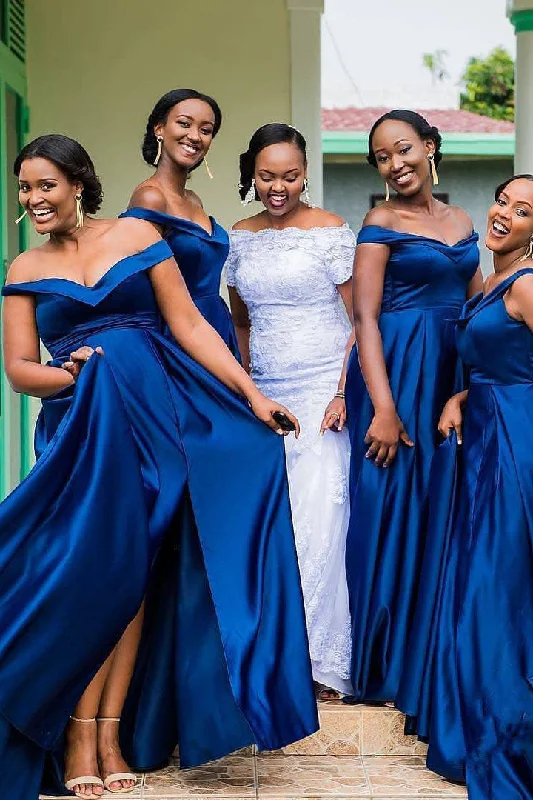 Slit Gown Off the Shoulder Royal Blue Long Bridesmaid Dress with Slit