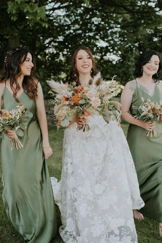 Minimalist Gown Olive Green Long Bridesmaid Dress with Criss Cross Straps