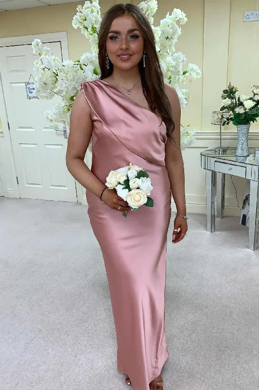 Elegant Evening Dress One Shoulder Blush Pink Long Bridesmaid Dress