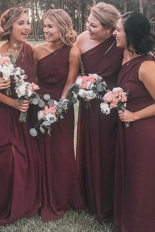 Taffeta Dress One Shoulder Burgundy Chiffon Long Bridesmaid Dress