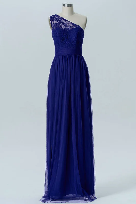 Strapless Gown One-Shoulder Lace Royal Blue Bridesmaid Dress