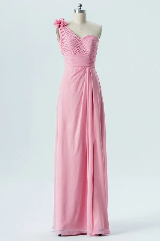 Long Sleeve Dress One Shoulder Pink Pleated Bridesmaid Dresss