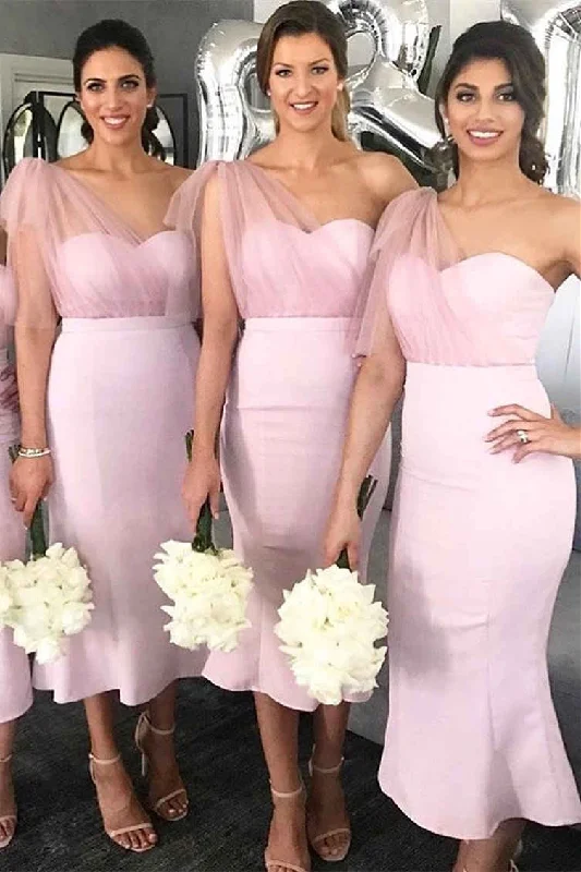 Elegant Gown One Shoulder Pink Tea Length Mermaid Bridesmaid Dress