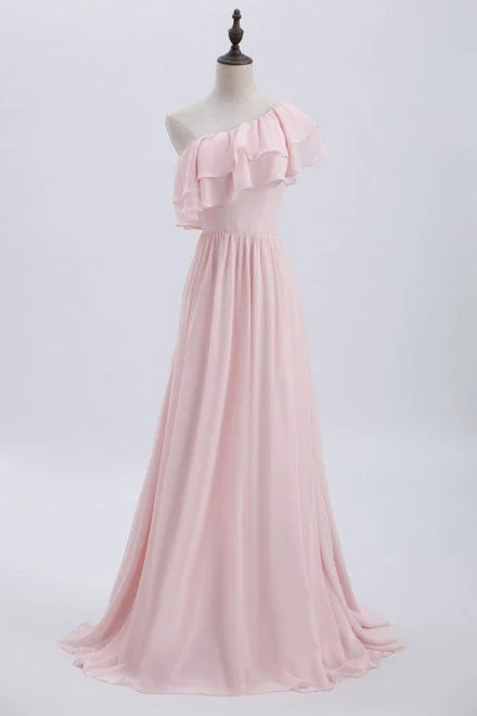 A-Line Gown One Shoulder Ruffles Pink Bridesmaid Dress