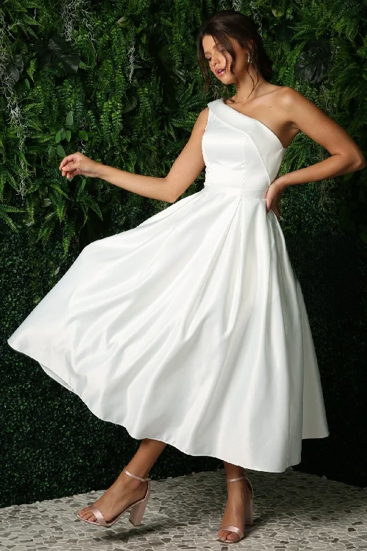 Floor-Length Satin Dress Open Back Strap Satin One Shoulder Midi Wedding Dress NXJE931W Sale