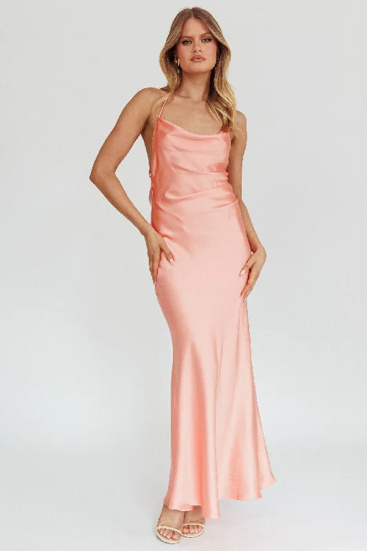Pleated Gown Palma Low Back Strappy Maxi Dress Peach