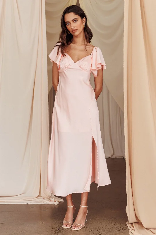 Ruffled Dress Park Avenue Flutter Sleeve Side Split Midi Dress Blush