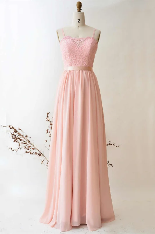 One-Shoulder Gown Pearl Pink Straps Lace Top Bridesmaid Dress with Belt