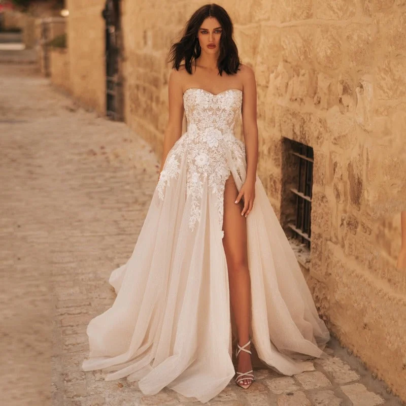 Empire Gown Pink A-Line Strapless Lace Tulle Wedding Dress WD3004