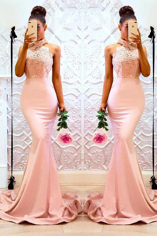 Open Back Dress Mermaid High Neck Appliques Long Pink Bridesmaid Dress