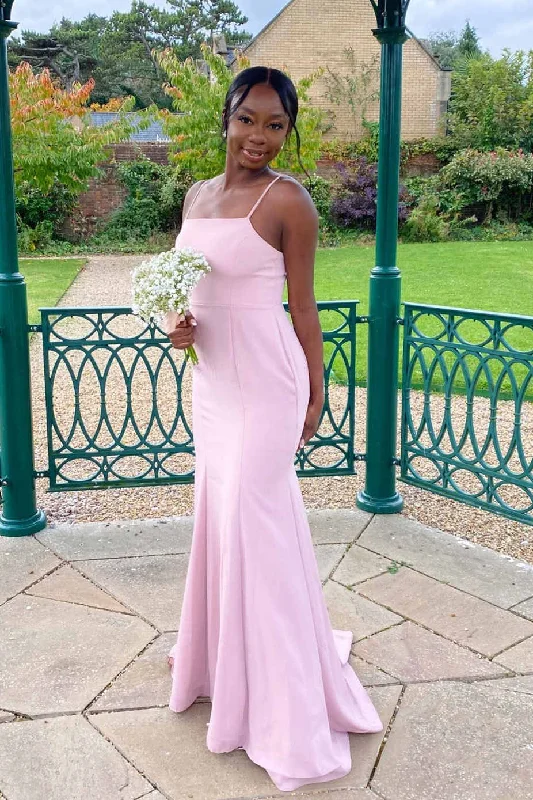 Floor-Sweeping Gown Pink Straps Mermaid Long Bridesmaid Dress