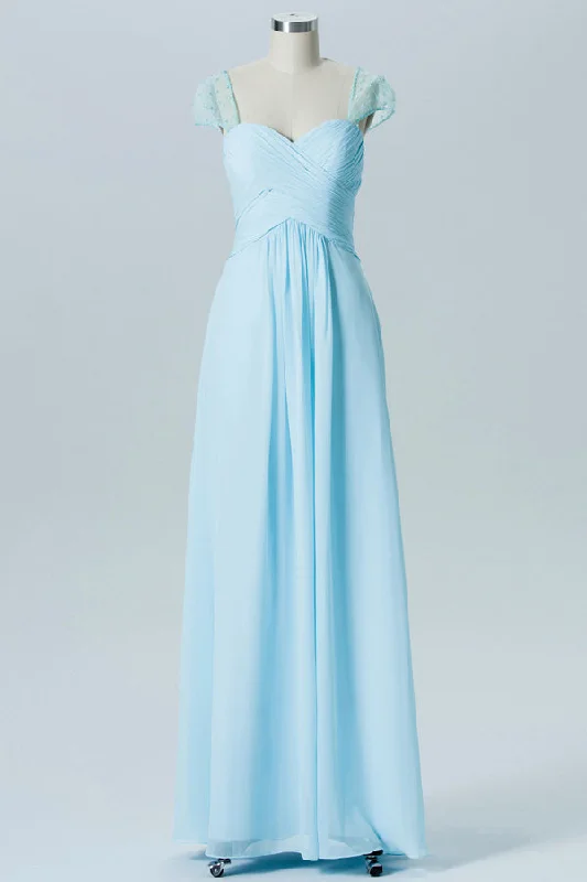 Velvet Dress Pleated Chiffon Pale Blue Bridesmaid Dress with Cap Sleeves