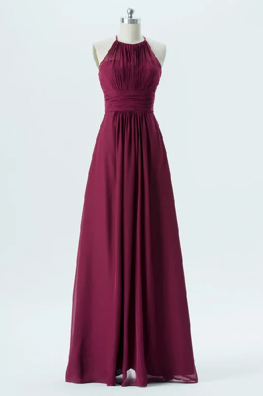 Classic Gown Pleated Cutout Back Wine Red Chiffon Bridesmaid Dress