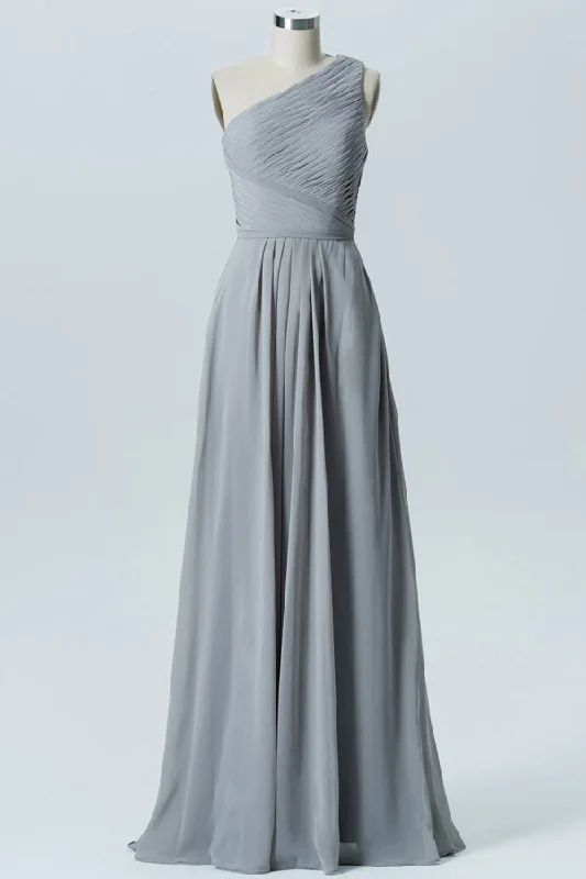 High-Low Dress Pleated One-Shoulder Grey Long Bridesmaid Dress