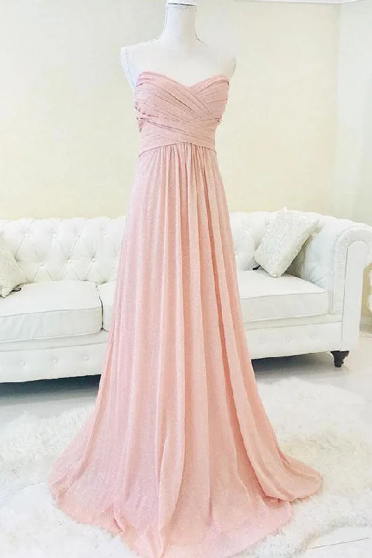 Fitted Formal Dress Sweetheart Pleated Pink Chiffon Long Bridesmaid Dress