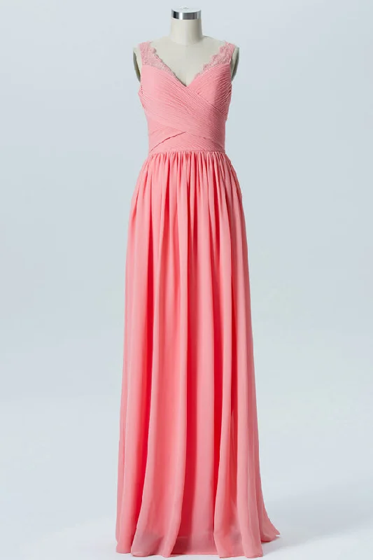 Off-Shoulder Dress Pleated V-Neck Coral Bridesmaid Dress