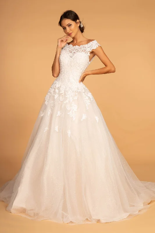 Draped Satin Gown Boat-Neck Embroidered Mesh A-Line Long Wedding Dress GLGL2596