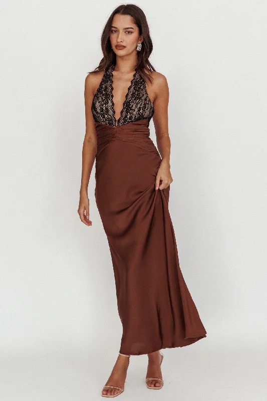 Designer Gown Rarity Satin Lace Halterneck Maxi Dress Coffee