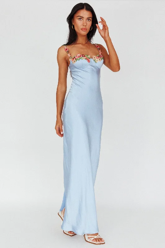 Ruched Gown Rose Garden Floral Applique Midi Dress Blue