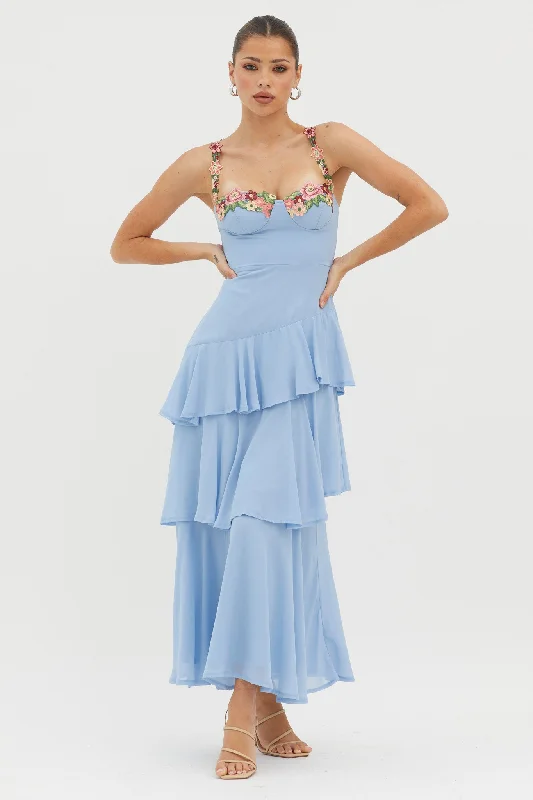 Off-Shoulder Gown Rose Garden Tiered Ruffle Floral Trim Dress Blue
