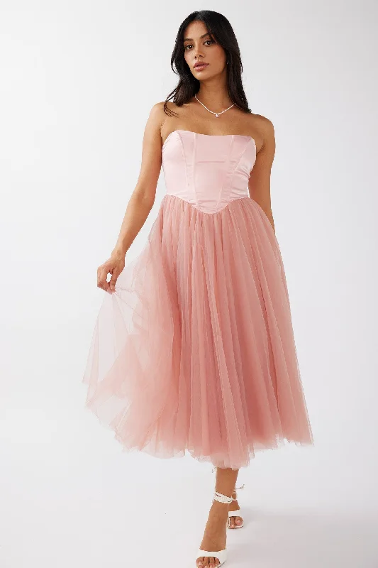 Long Sleeve Dress Rosemary Tulle Bustier Midi Dress Pink