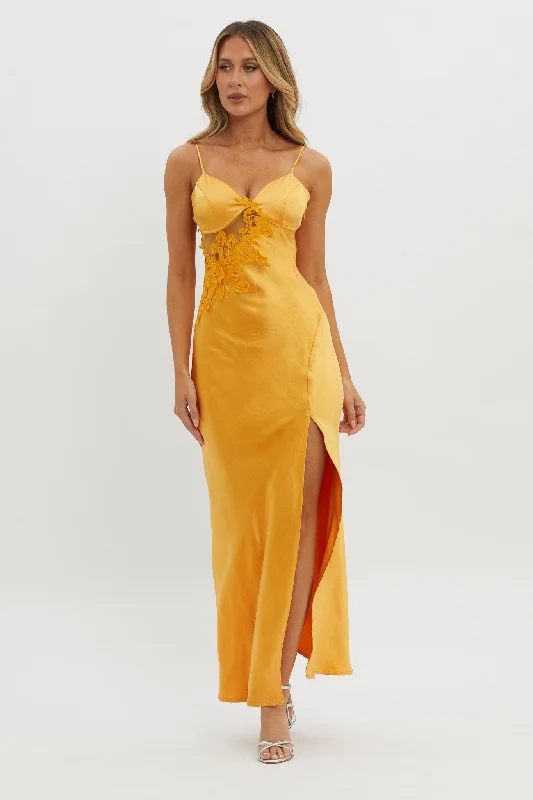 Puffy Sleeve Dress Roxana Applique Trim Split Maxi Dress Orange