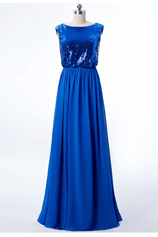 Chiffon Dress Royal Blue Blouson Bodice Long Bridesmaid Dress