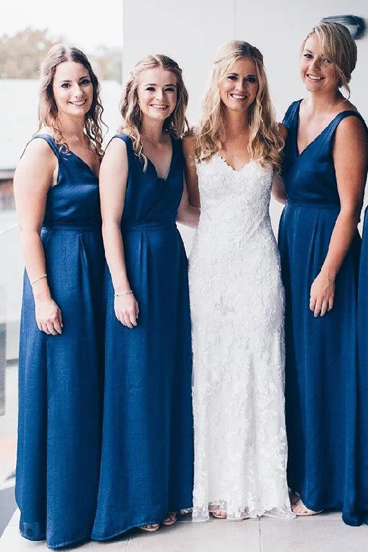 High Neck Dress Royal Blue V Neck Floor Length Bridesmaid Dress