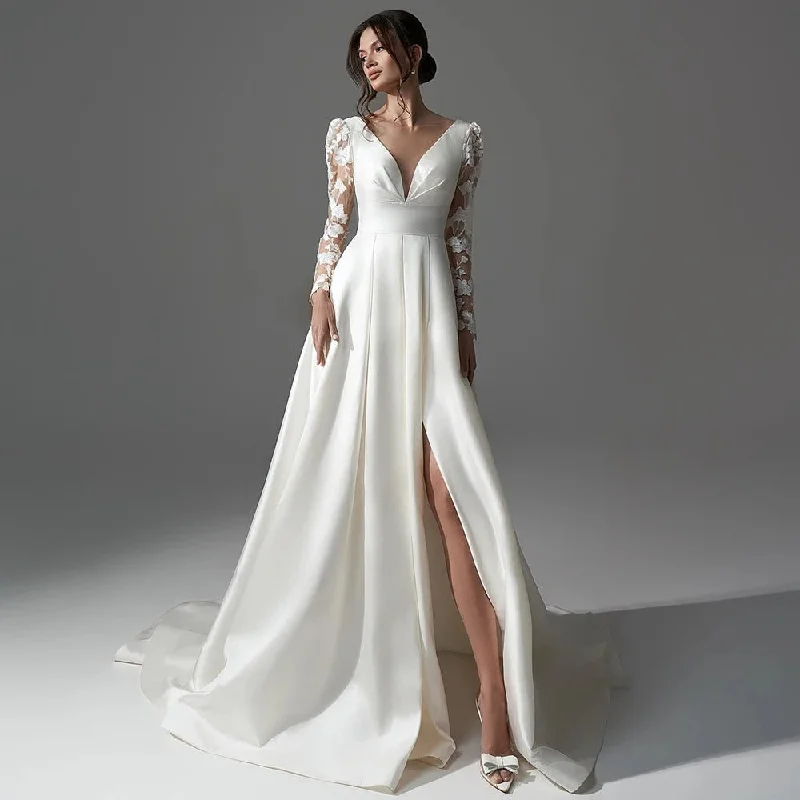 Floor-Length Dress Satin Applique Lace Long Sleeves Wedding Dress