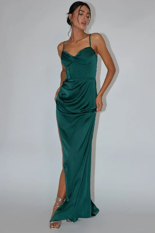 Dramatic Ball Gown Secret Sweetheart Neckline Split Maxi Dress Hunter Green