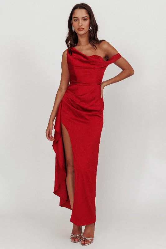 Statement Sleeve Dress Sensations Off Shoulder Satin Maxi Dress Red