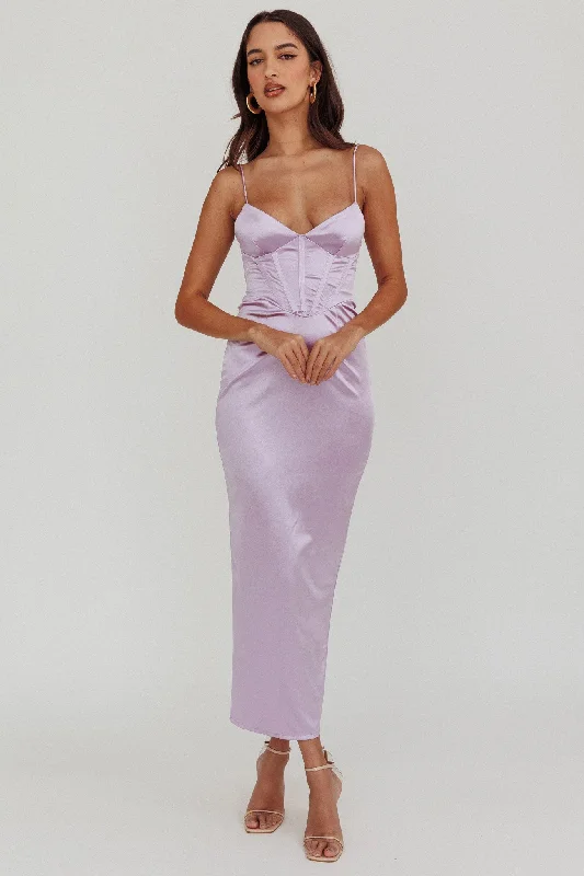 Bodycon Gown Seraya Lace-Up Back Satin Maxi Dress Lilac