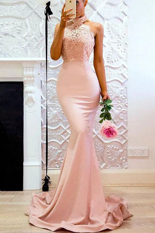 Classic Evening Dress Sexy High Neck Mermaid Pink Long Bridesmaid Dress